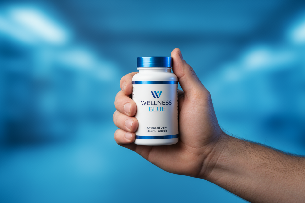Mans hand holding pill bottle blue theme