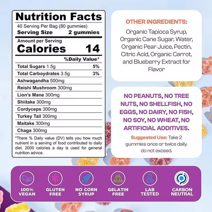 Super Mushroom Complex Gummies W/ Ashwagandha – Immunity & Cardiovascular Support